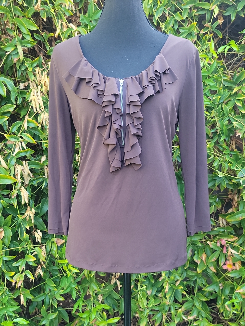 Brown Ruffle Front Long Sleeve Top S